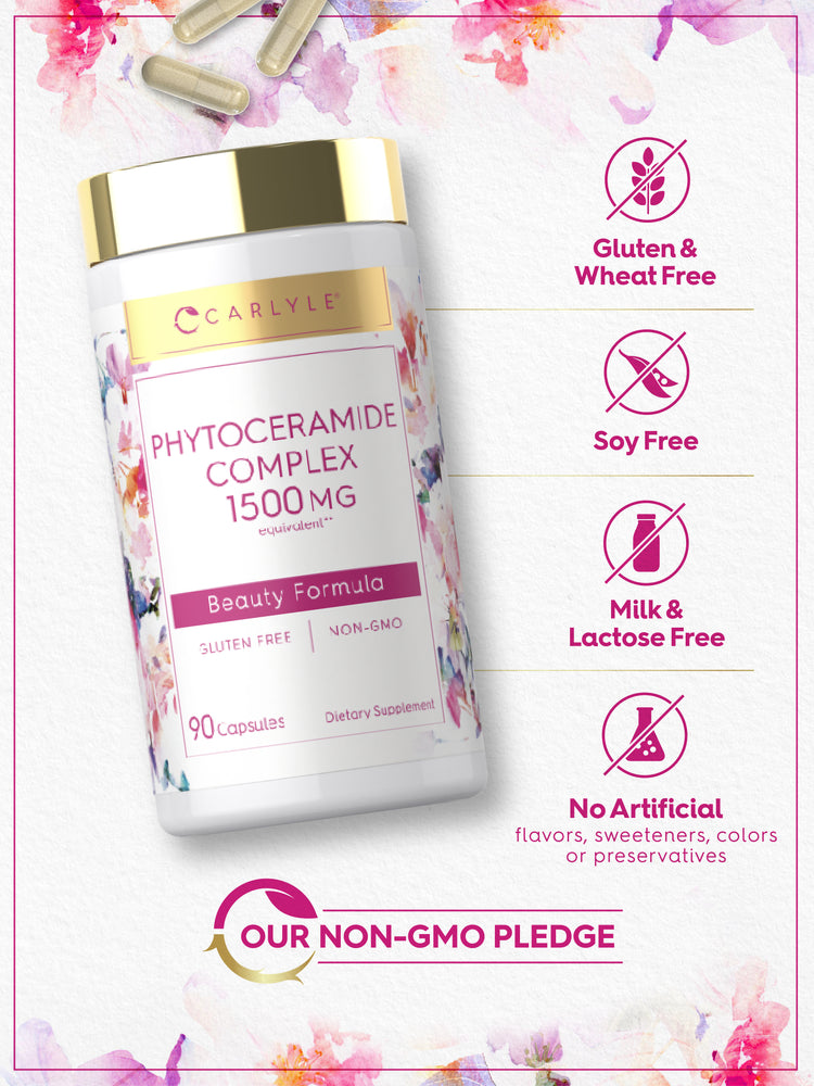 Icons indicating Gluten & Wheat Free, Soy Free, Milk & Lactose Free, No Artificial flavors, sweeteners, colors or preservatives, and Our Non-GMO Pledge.