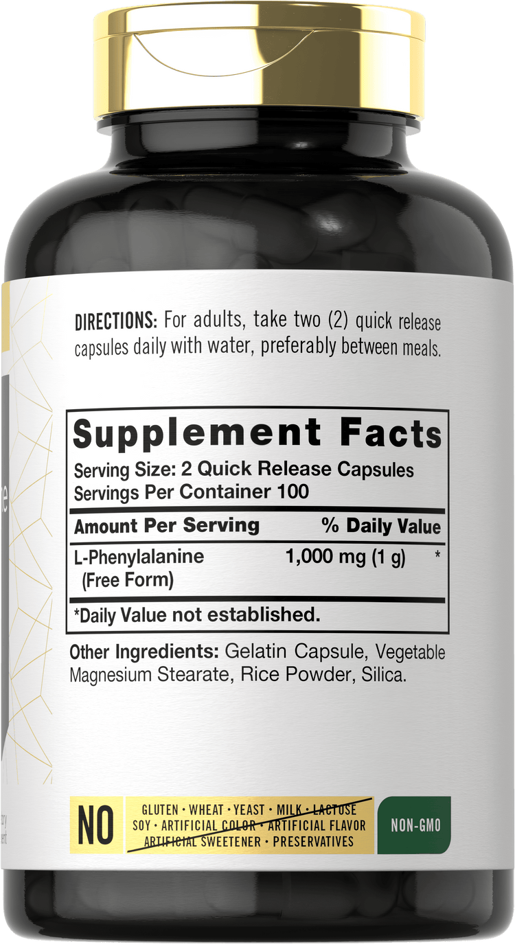 Back label / Supplement Facts panel for L-Phenylalanine 1,000 mg quick release capsules, showing serving size, directions, other ingredients, and dietary attributes.