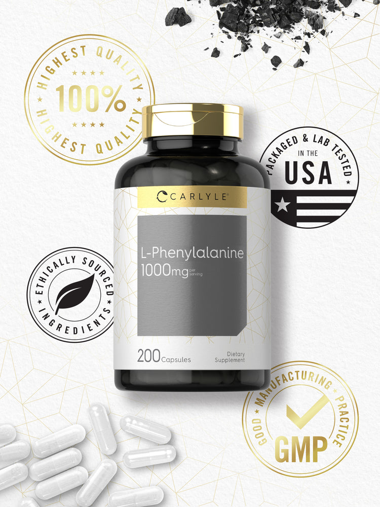 Carlyle L-Phenylalanine 1000 mg bottle with quality badges stating 100% Highest Quality, Packaged & Lab Tested in the USA,