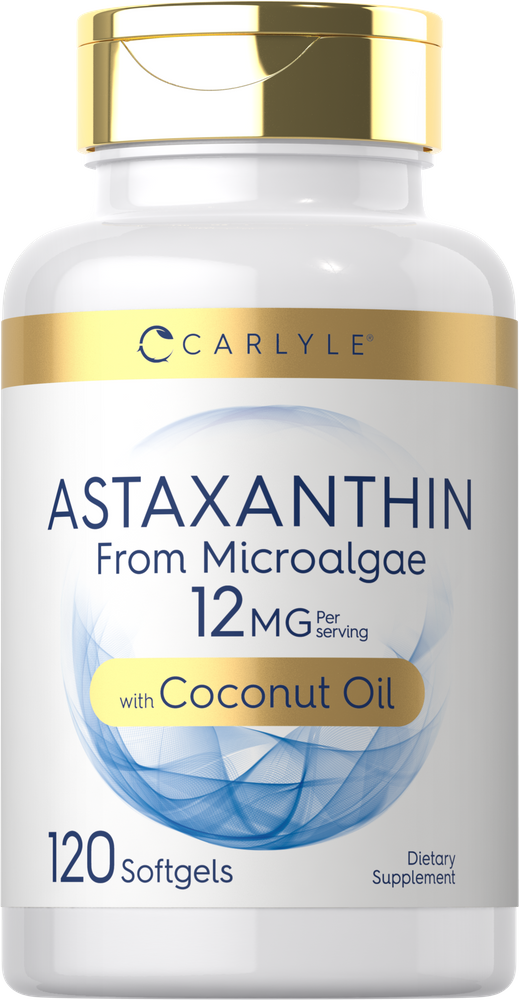 Carlyle Astaxanthin from Microalgae with Coconut Oil, 12 MG, 120 softgels shown in hand for scale.