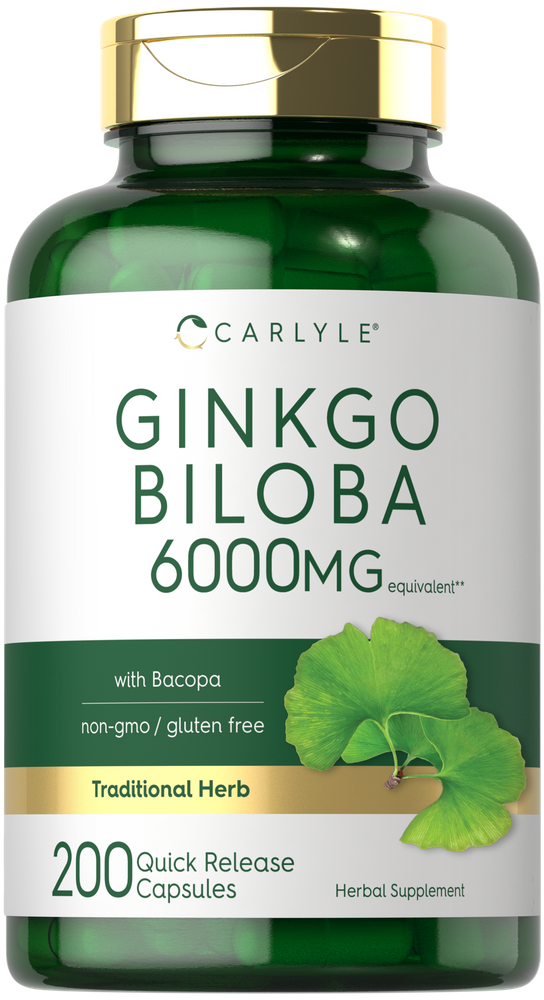 A hand holding Carlyle Ginkgo Biloba 6000 mg equivalent Quick Release Capsules, 200 count.