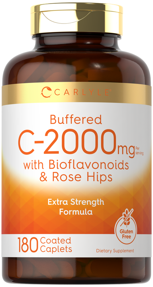 Carlyle Buffered C-2000mg with Bioflavonoids and Rose Hips, 180 coated caplets, shown on a hand scale.