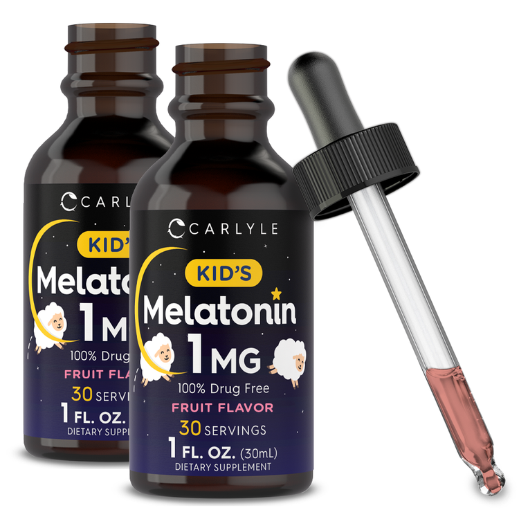 Carlyle Kids Melatonin liquid, two 1 oz bottles with dropper, containing pink liquid, for sleep support.