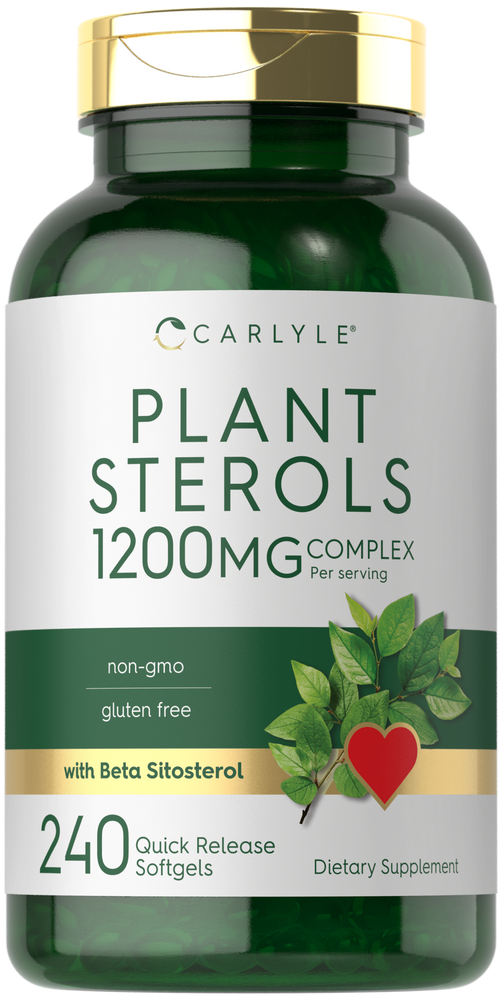 A bottle of Carlyle Plant Sterols 1200 mg Complex with 240 quick release softgels on a scale.