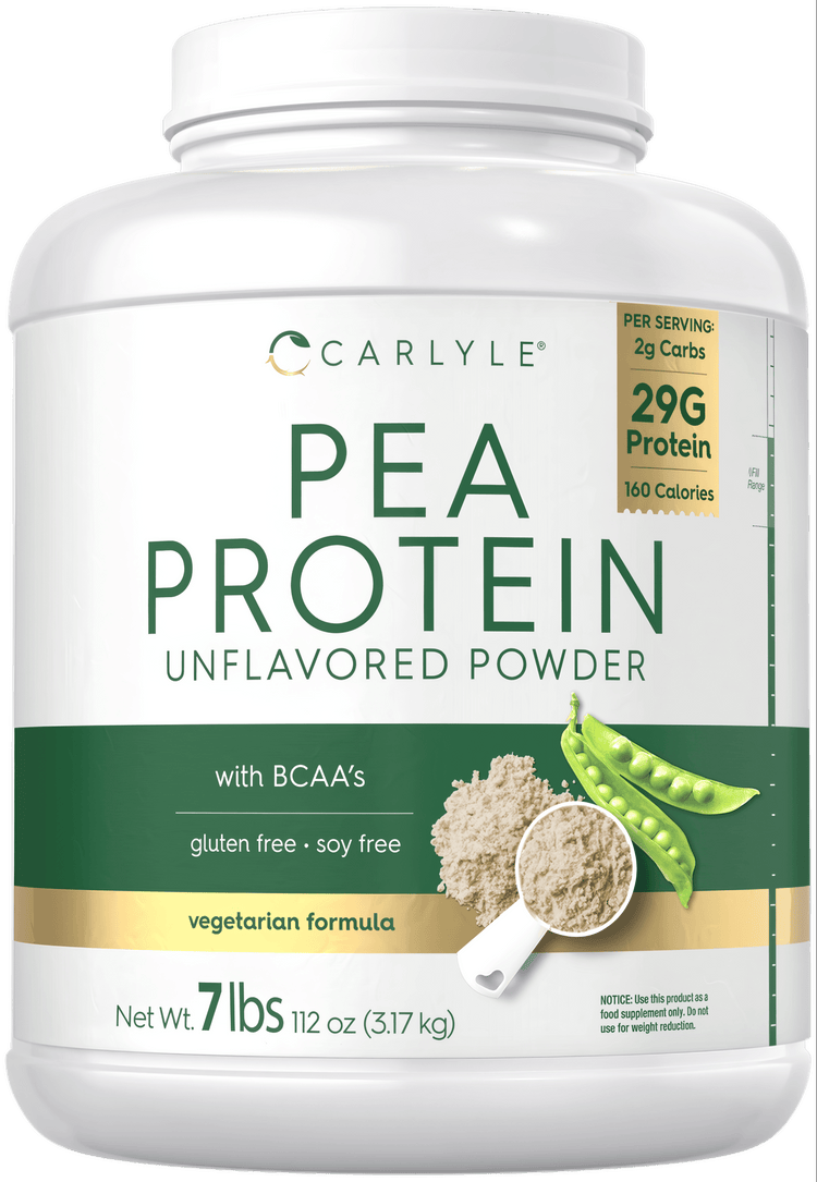 Unflavored pea protein powder in a scoop and pile, with fresh pea pods, from a 7 lb container.
