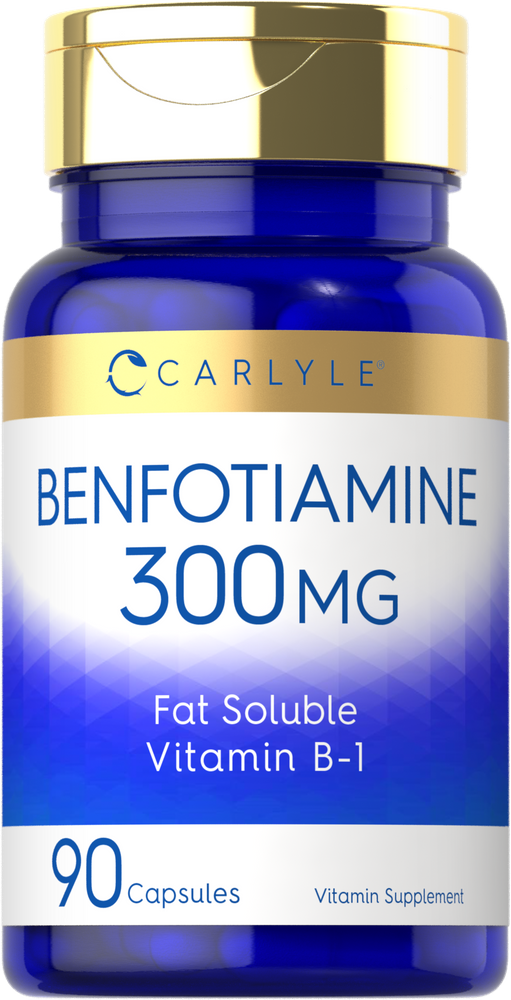 A bottle of Benfotiamine 300 mg containing 90 capsules.