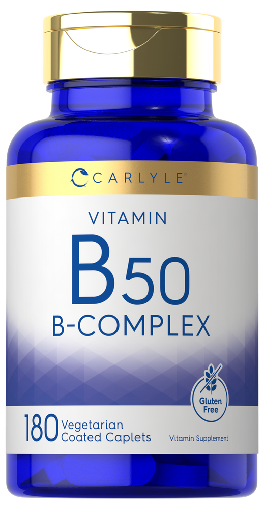 Carlyle B-50 Vitamin B-Complex bottle containing 180 vegetarian coated caplets, displayed on a hand scale for bulk measure.