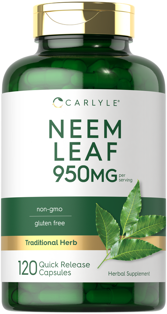 Neem Leaf 950mg per serving Quick Release Capsules, 120 count, in a green transparent bottle.