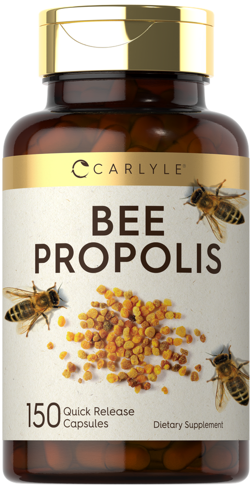 Carlyle Bee Propolis 150 Quick Release Capsules on a hand scale, showcasing the product's size and easy handling.