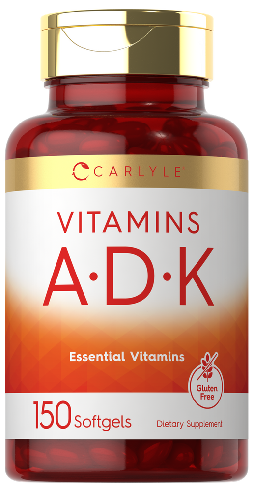 Carlyle Vitamins A, D, and K in a 150 softgel bottle is shown on a scale, indicating bulk product size.