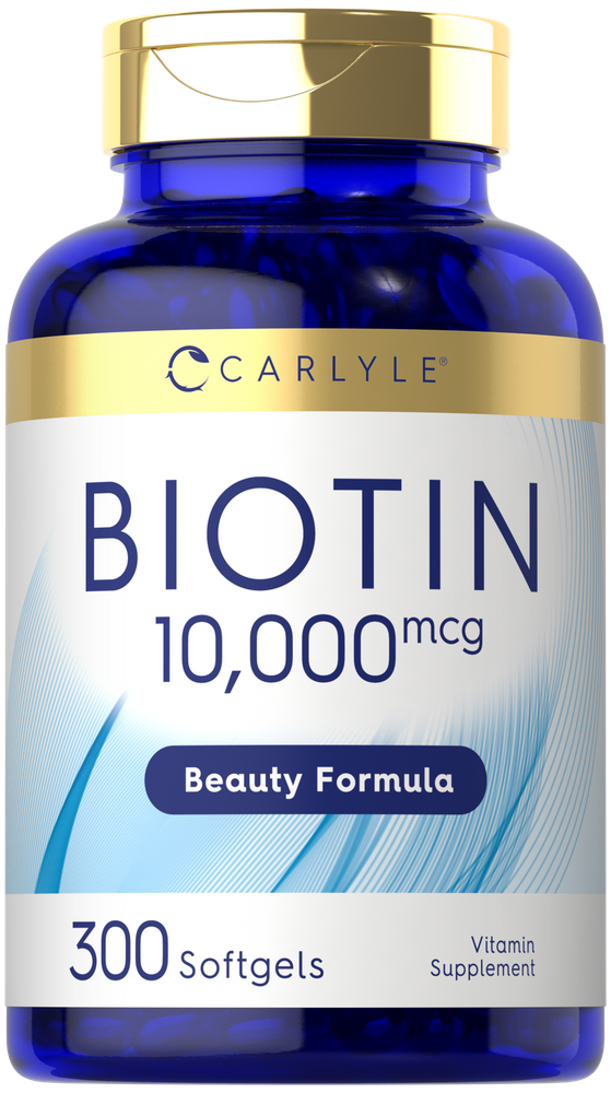 Bottle of Biotin 10,000 mcg softgels, 300 count, shown on a hand scale for size reference.