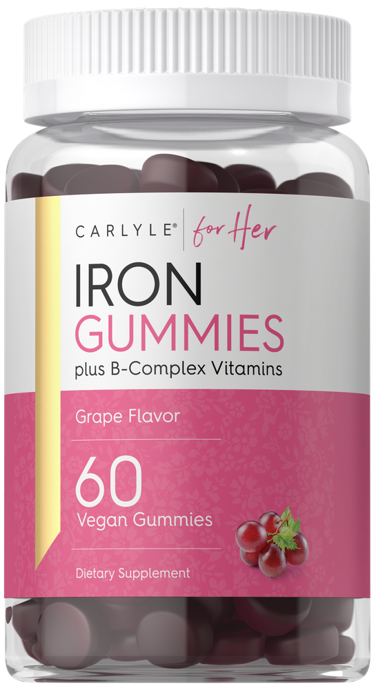 A clear jar containing 60 dark purple iron supplement gummies.