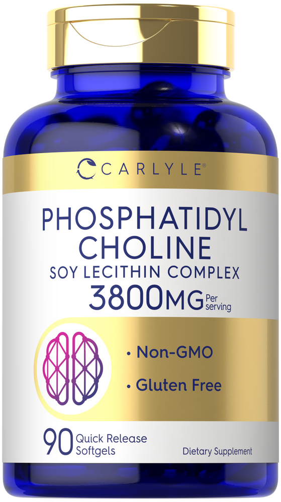 Bottle of 90 quick release softgels containing Phosphatidyl Choline Soy Lecithin Complex, 3800MG per serving.