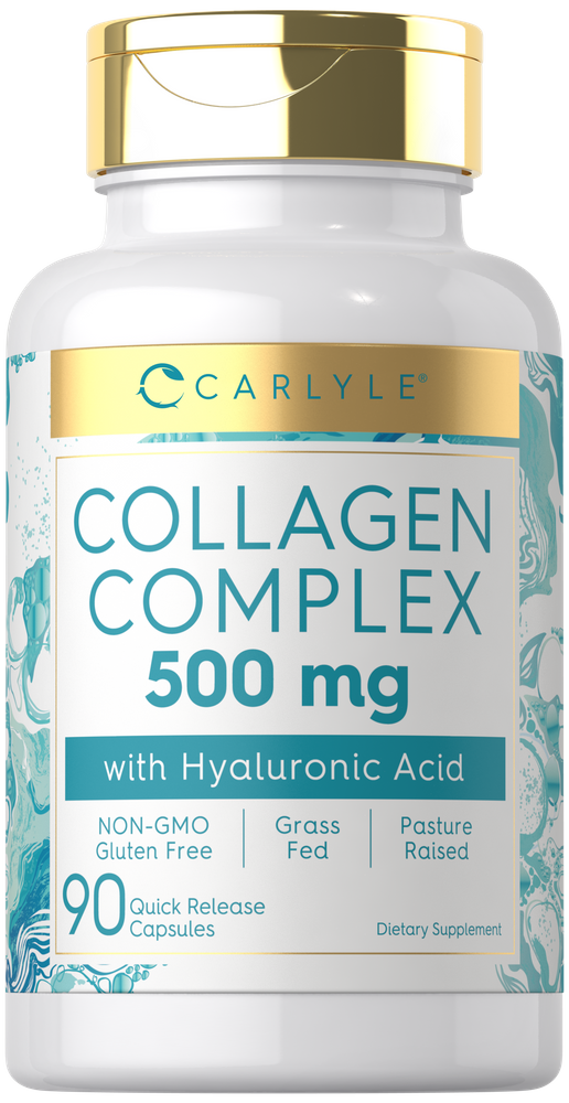 Carlyle Collagen Complex with Hyaluronic Acid, 500 mg, 90 Quick Release Capsules, shown on hand scale.