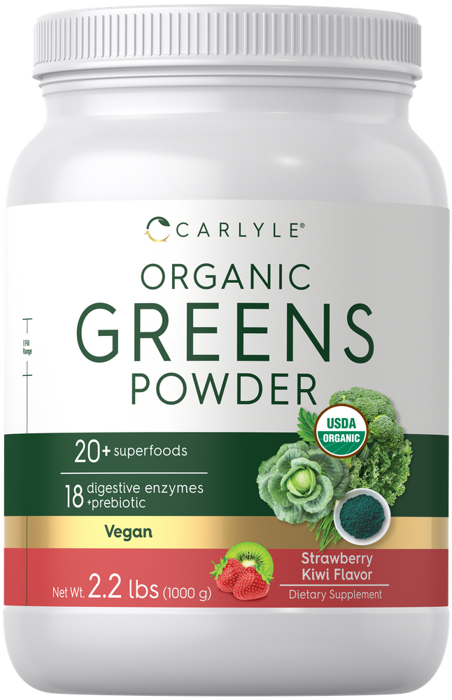 Organic Greens Powder, Strawberry Kiwi Flavor, Net Weight 2.2 lbs (1000 g), displayed on a hand scale.