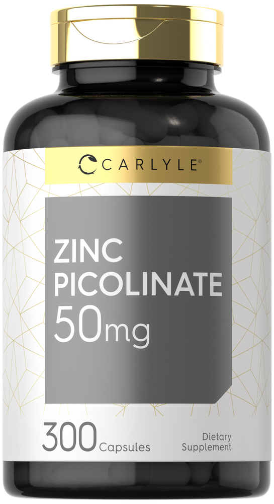 Carlyle Zinc Picolinate 50 mg bottle with 300 capsules shown next to a hand to indicate size.