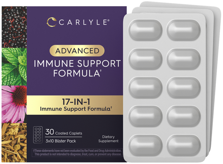 Carlyle Advanced Immune Support Formula box with three blister packs totaling 30 coated caplets.