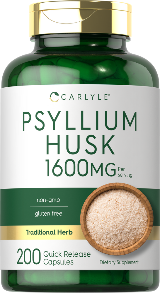 Green Psyllium Husk 1600mg Quick Release Capsules, 200 count, next to a wooden bowl of psyllium husk powder.