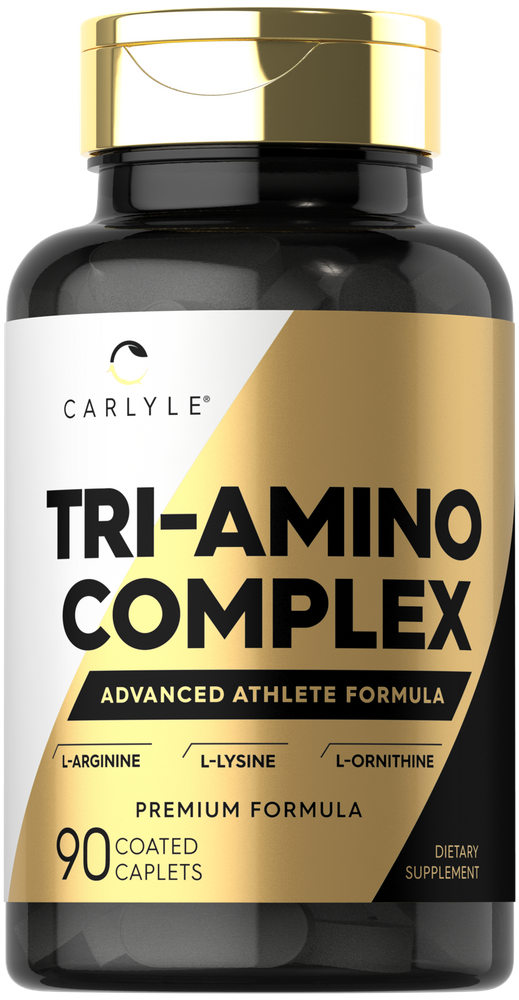 Carlyle Tri-Amino Complex 90 Coated Caplets shown on a hand scale to indicate size and quantity.
