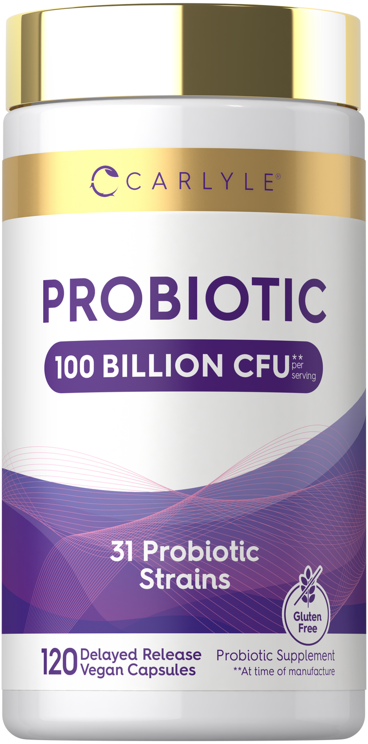 Carlyle Probiotic with 100 Billion CFU, featuring 31 strains and 120 delayed-release vegan capsules. Gluten free.