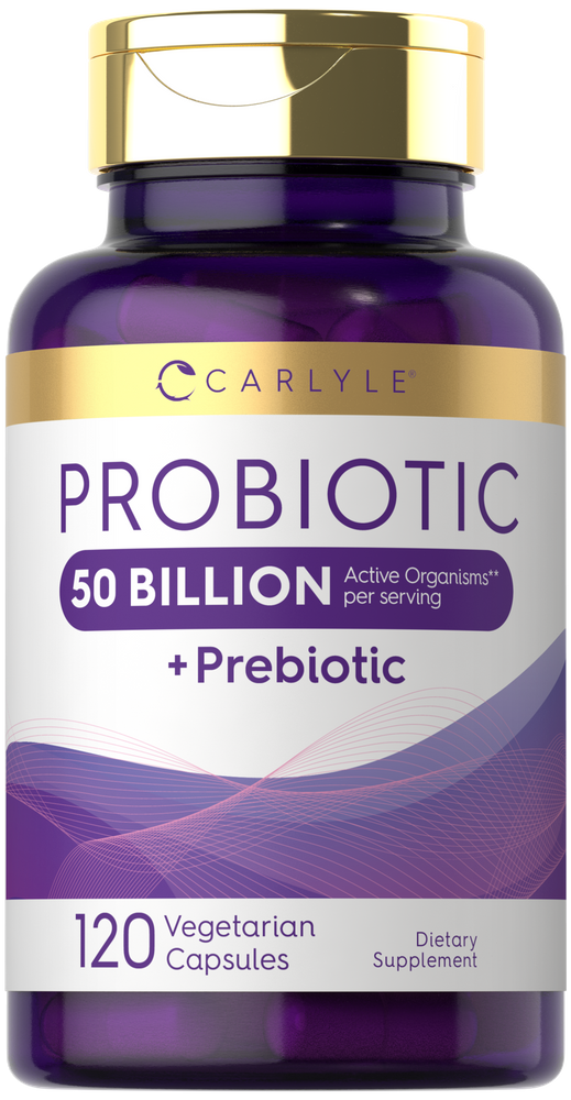 Probiotic 50 Billion plus Prebiotic with 120 vegetarian capsules shown on a hand scale.