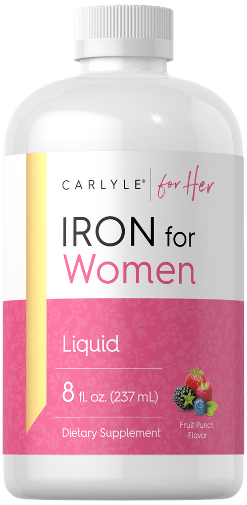 Carlyle Liquid Iron for Women dietary supplement in an 8 fl. oz. bottle, Fruit Punch Flavor, 237 mL.