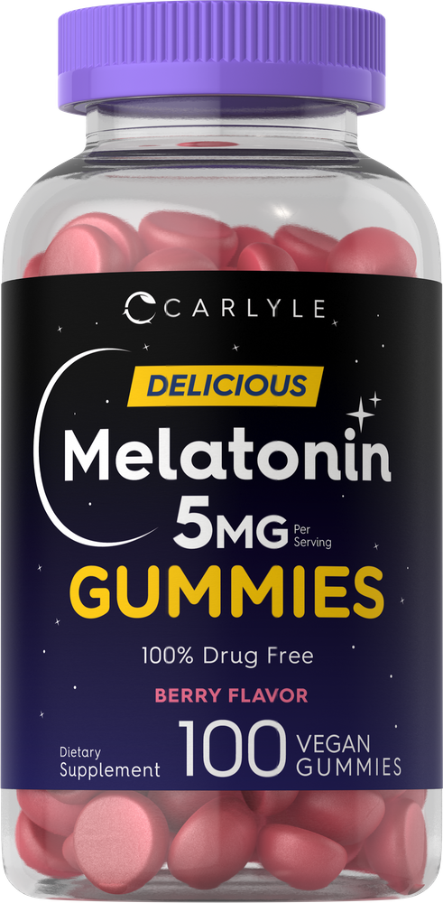 Hand holding Carlyle Melatonin 5 mg Berry Flavor Gummies, 100 Vegan Gummies.