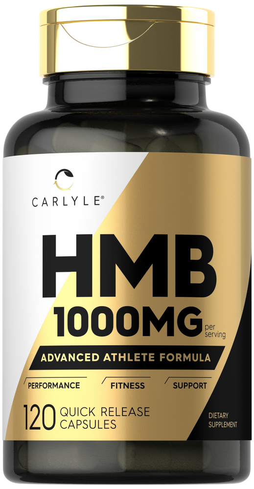 HMB Quick Release Capsules, 1000mg per serving, 120 count, shown on a hand scale for bulk measurement.