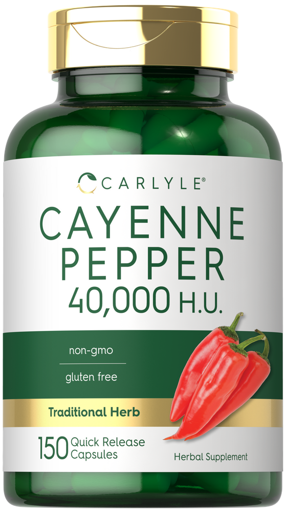 Hand holding a bottle of Carlyle Cayenne Pepper capsules, 40,000 H.U., 150 quick-release capsules.