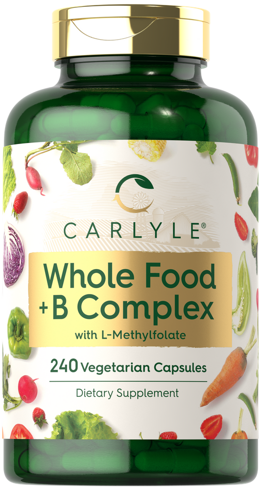 A green bottle with 240 vegetarian capsules of Whole Food + B Complex.