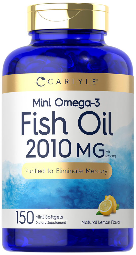 Hand holding Mini Omega-3 Fish Oil bottle with 150 mini softgels, providing 2010 MG per serving.