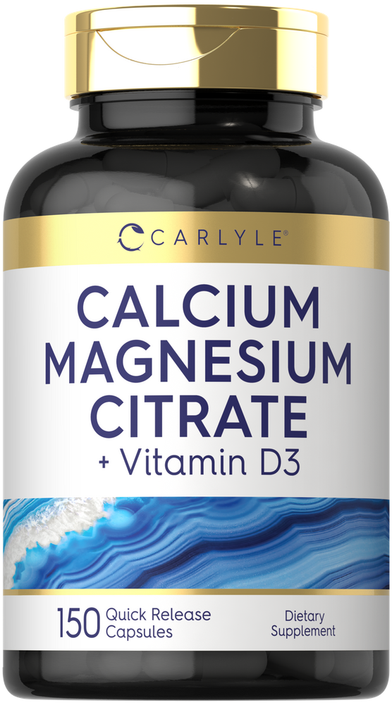 Carlyle Calcium Magnesium Citrate plus Vitamin D3 with 150 quick-release capsules shown in hand for scale.