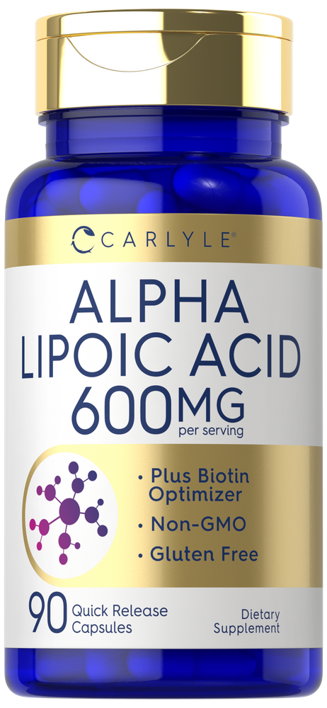 Quick release capsules containing Alpha Lipoic Acid 600MG, shown on a hand scale for bulk measurement.