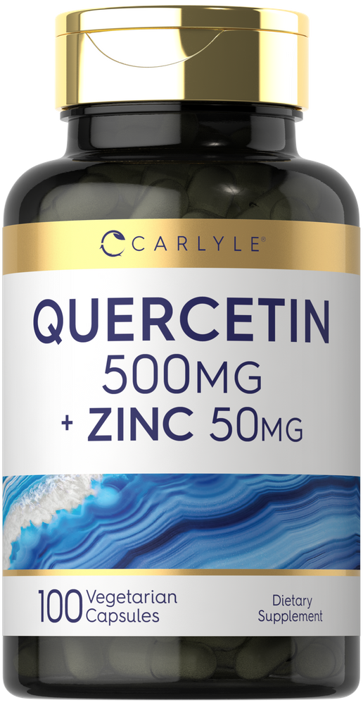 Carlyle Quercetin 500mg and Zinc 50mg Vegetarian Capsules, 100-count, displayed on a bulk scale.