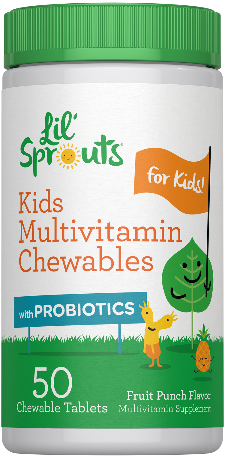 Lil' Sprouts Kids Multivitamin Chewables for Kids with Probiotics, Fruit Punch Flavor, 50 Chewable Tablets, Multivitamin Supplement.