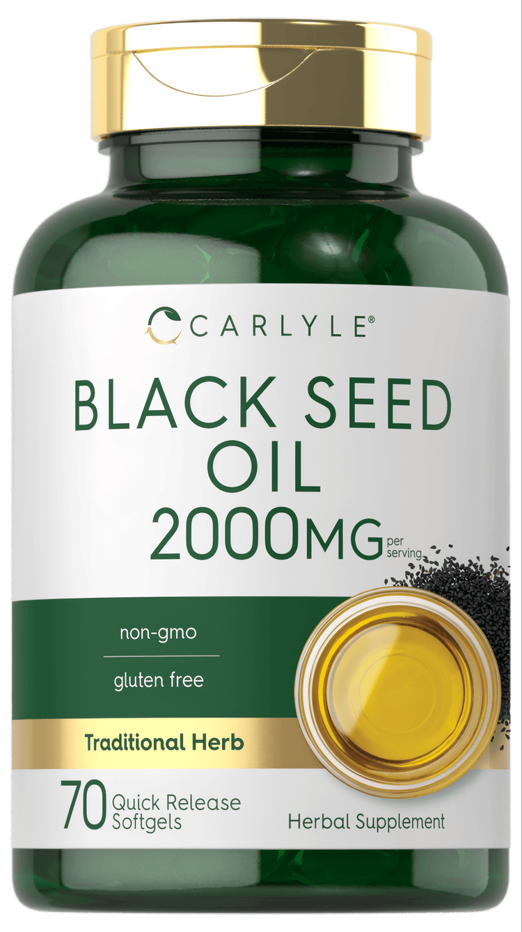 Carlyle Black Seed Oil 2000 mg per serving with 70 quick release softgels on a hand scale.
