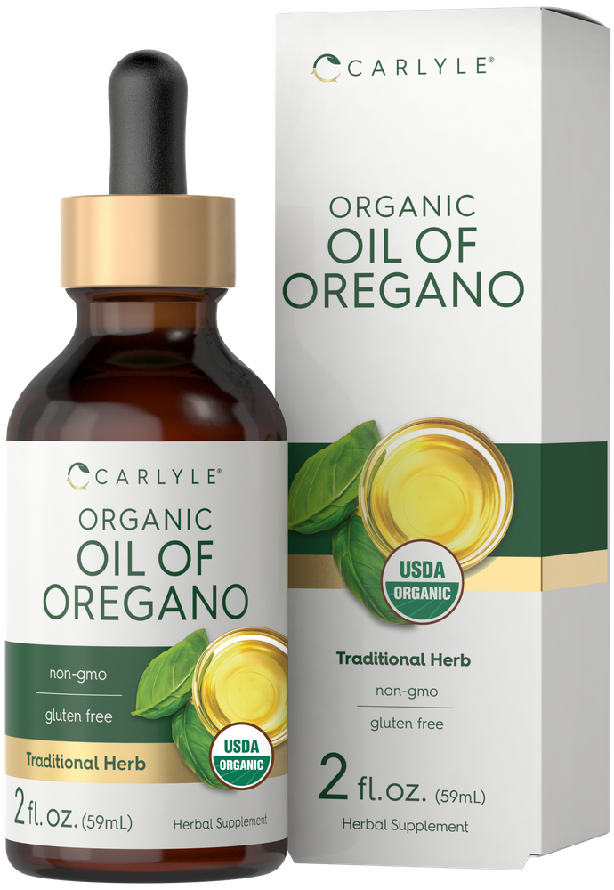 2 fl. oz. (59mL) Organic Oil of Oregano liquid in a dropper bottle, displayed on a hand scale.