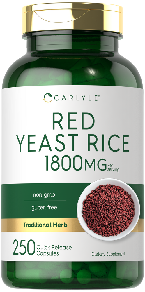 Red Yeast Rice 1800 mg, 250 Quick Release Capsules, held in hand, showcasing bottle size for supplement measuring and convenience.