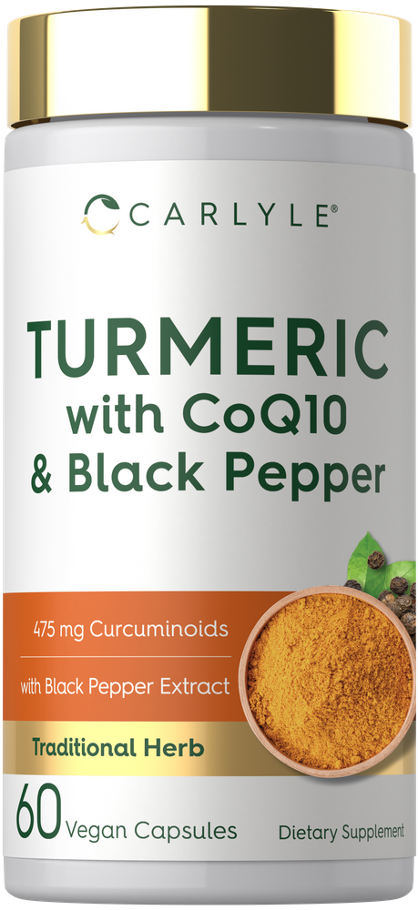 Bottle of 60 vegan capsules containing Turmeric with CoQ10 and Black Pepper, 475 mg Curcuminoids.