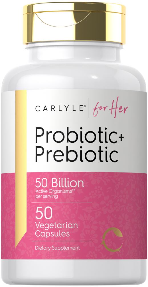 Carlyle for Her Probiotic + Prebiotic bottle containing 50 vegetarian capsules.
