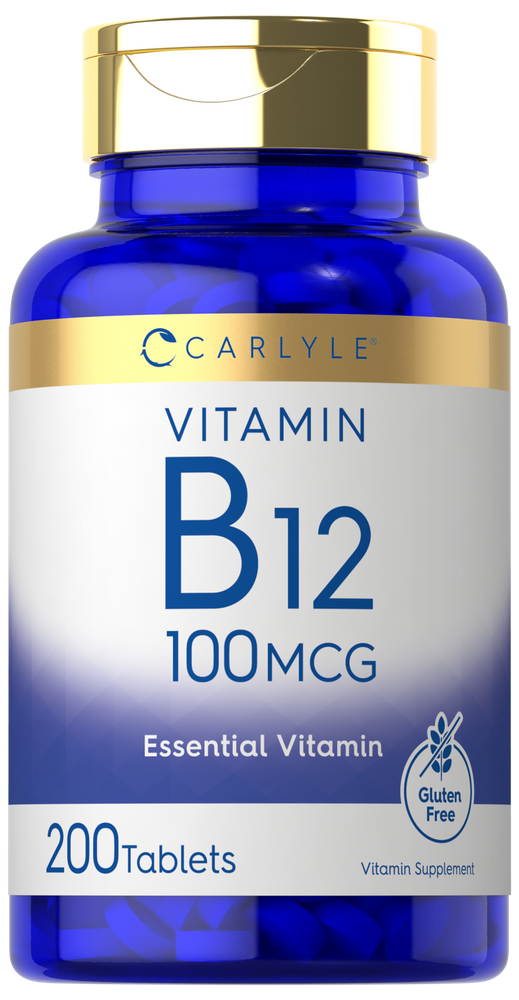 Carlyle B-12 supplement, 100 mcg, 200 tablets bottle on a scale.