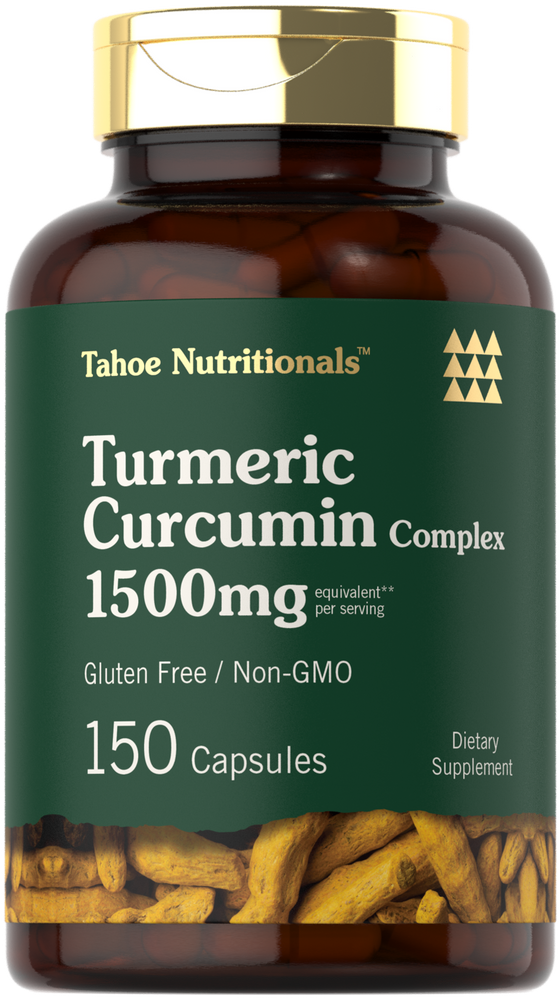 Turmeric Curcumin Complex 1500mg bottle held on a hand scale, containing 150 capsules.