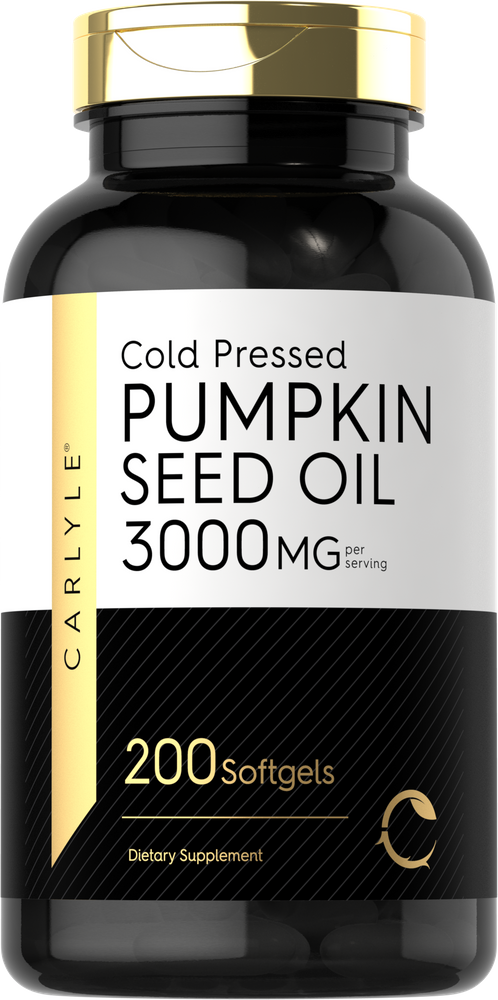 This is a softgel bottle containing 200 cold pressed pumpkin seed oil capsules, each delivering 3000 mg for dietary supplement use.
