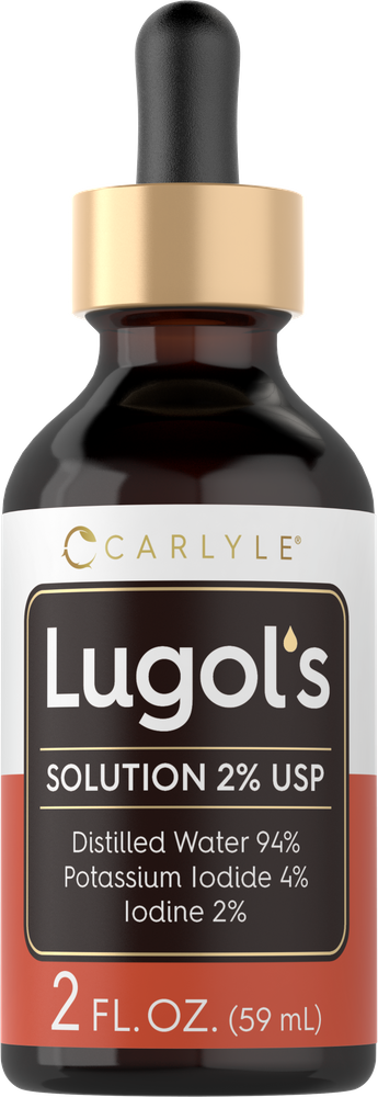 Lugol's Solution 2% USP in a 2 FL. OZ. (59 mL) dropper bottle displayed on a bulk scale.