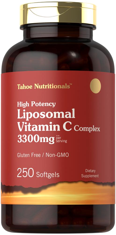 Bottle of Tahoe Nutritionals Liposomal Vitamin C Complex featuring 250 softgels, 3300mg per serving.