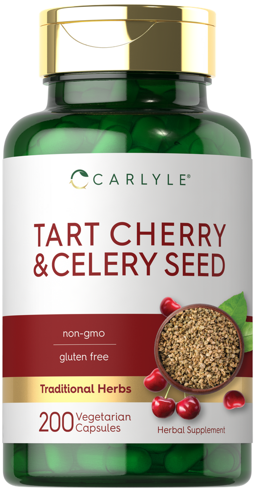 Carlyle Tart Cherry & Celery Seed supplement with 200 green vegetarian capsules shown on hand scale for size reference.