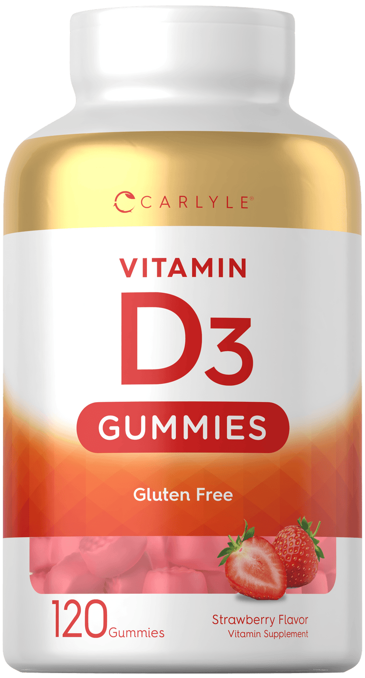 Carlyle Vitamin D3 Gummies, 120 count, strawberry flavor, gluten-free vitamin supplement, supports health.