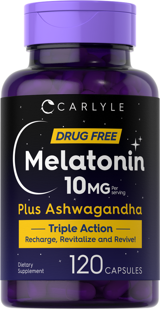 Carlyle Melatonin 10 mg with Ashwagandha in a bottle containing 120 capsules is shown, suggesting sleep and relaxation benefits.