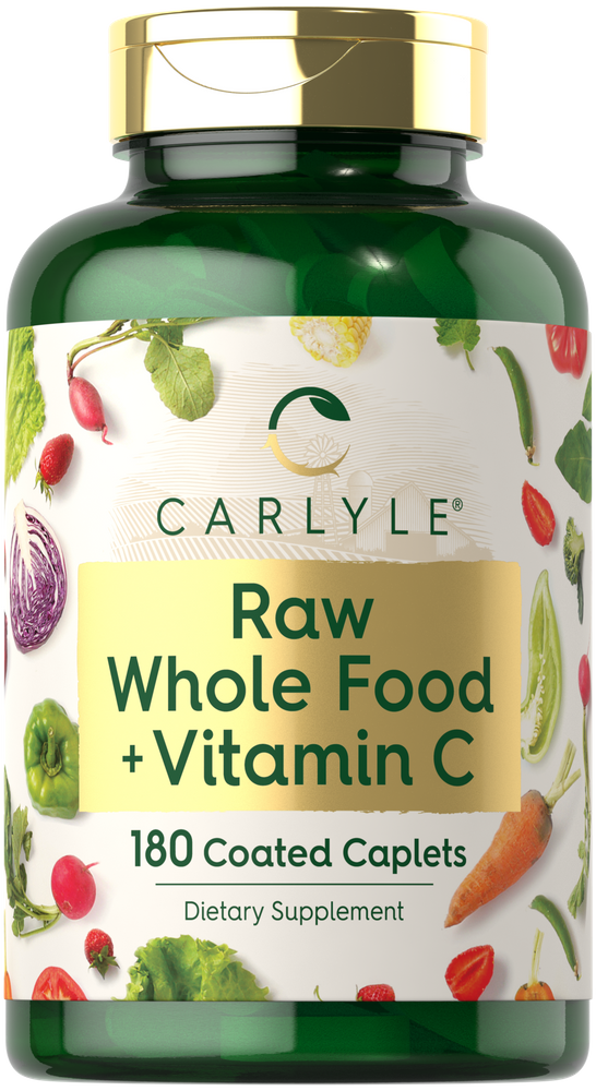 Bottle of Carlyle Raw Whole Food with Vitamin C, containing 180 coated caplets, on a scale.
