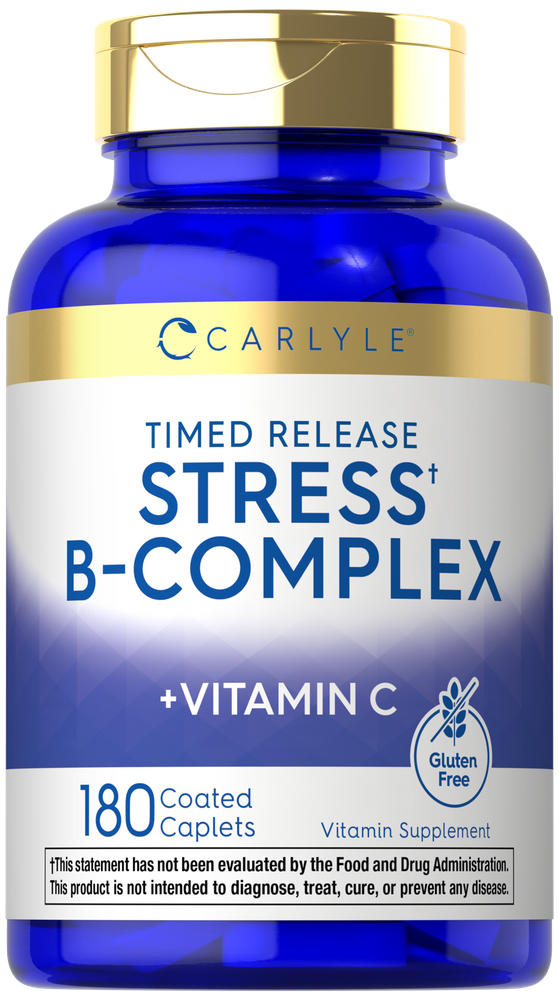 Carlyle Timed Release Stress B-Complex plus Vitamin C, 180 coated caplets held in hand.